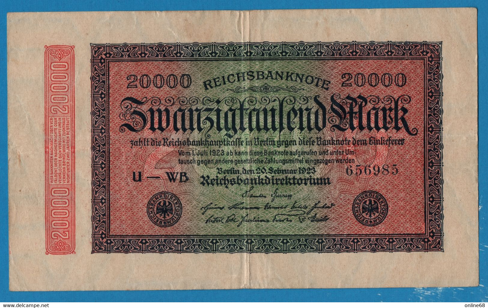 DEUTSCHES REICH 20000 MARK 20.02.1923 # U-WB 656985 P# 85b - 20.000 Mark