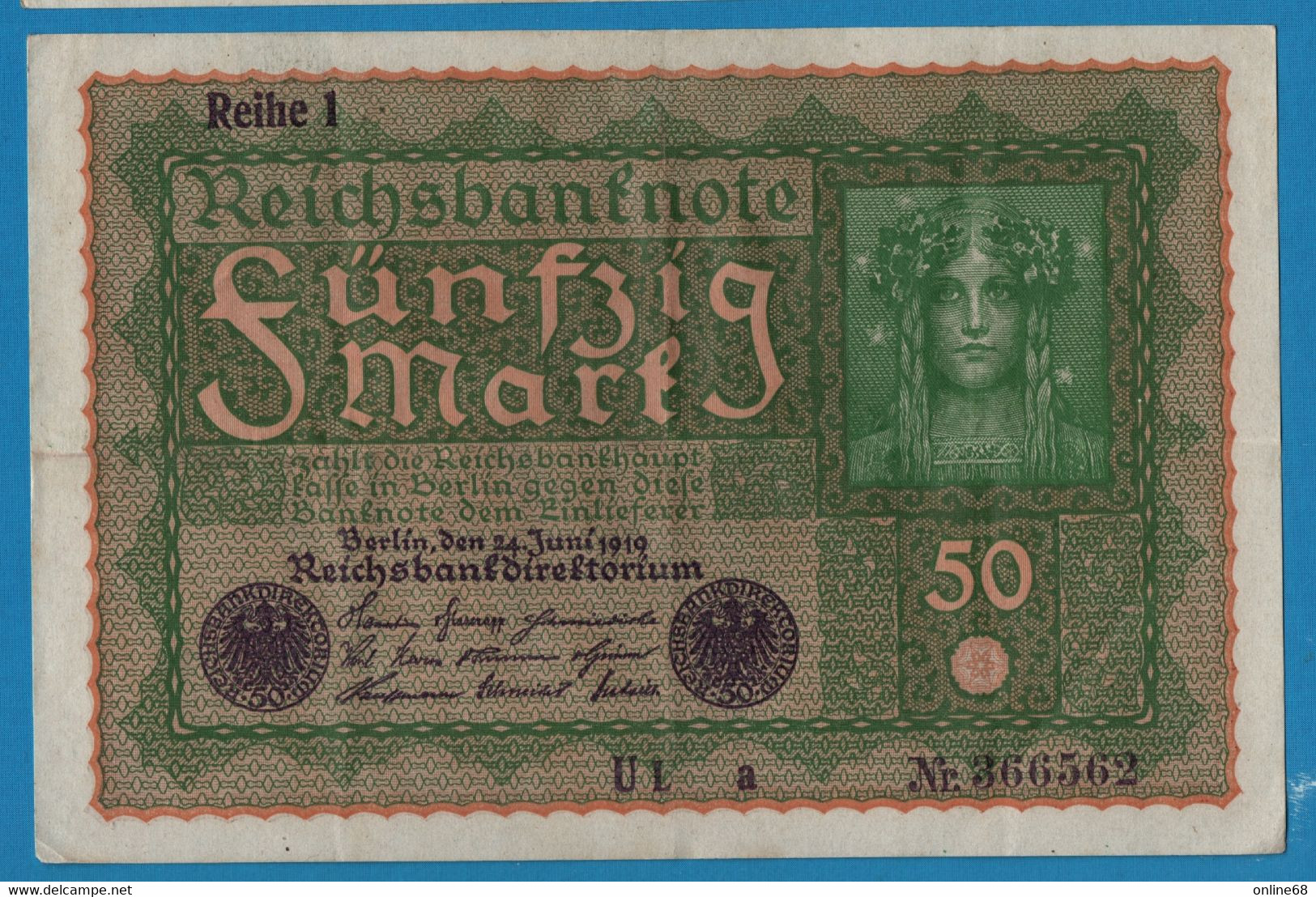 DEUTSCHES REICH 2 X 50 Mark  24.06.1919 Série UL A # 366561 + 562 P# 66 Reihe 1 - 50 Mark