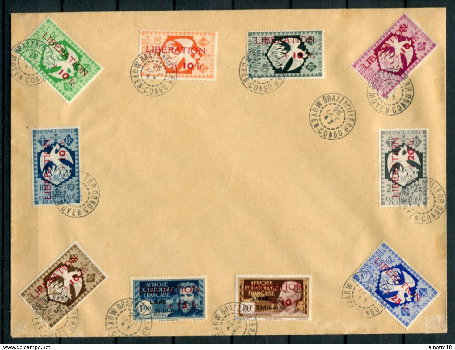 Afrique Equatoriale Française        181/190 Oblitérés Sur Enveloppe Avec Cachet Du 25 Oct.43 - Cartas & Documentos