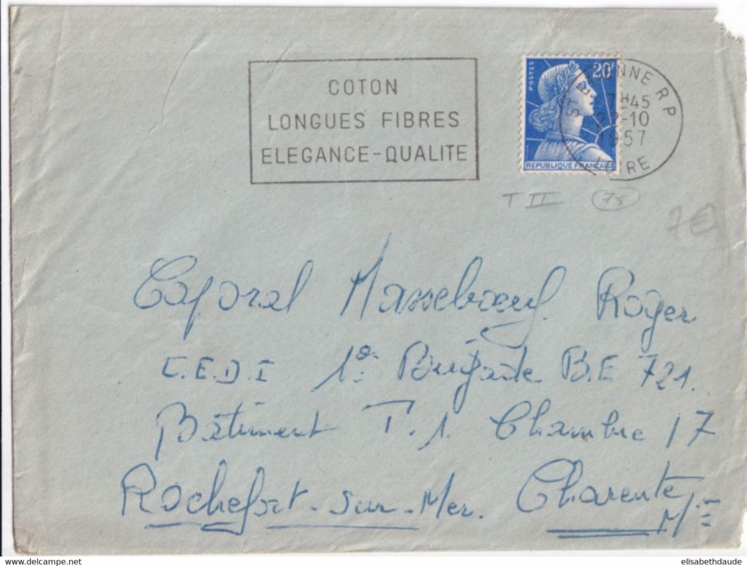 1957 - MULLER TYPE II - ENVELOPPE De ST ETIENNE (LOIRE) => ROCHEFORT - 1955-1961 Marianne Of Muller