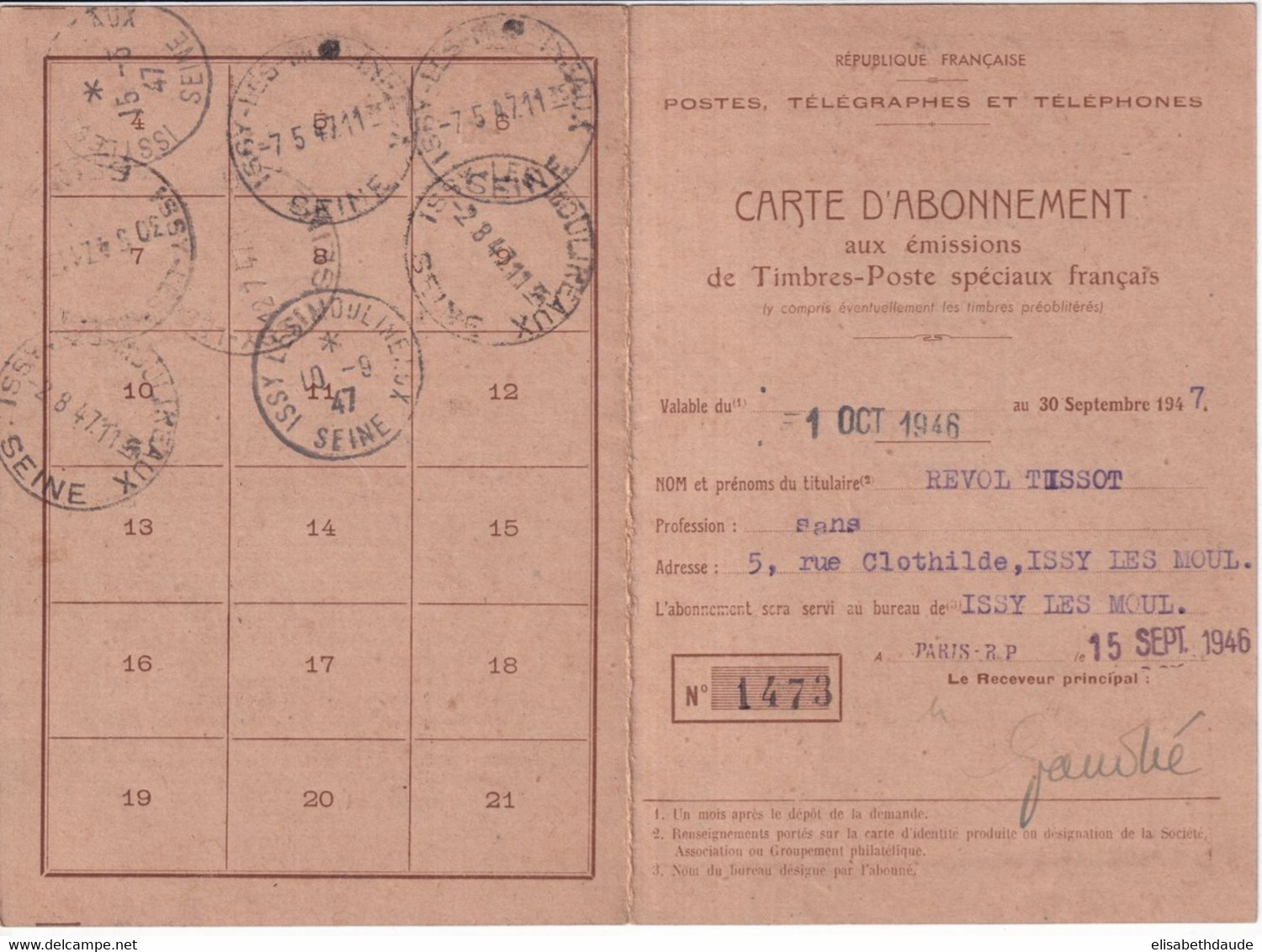 1946 - 100F GANDON SEUL Sur CARTE ABONNEMENT PTT De PARIS - 1945-54 Marianne Of Gandon
