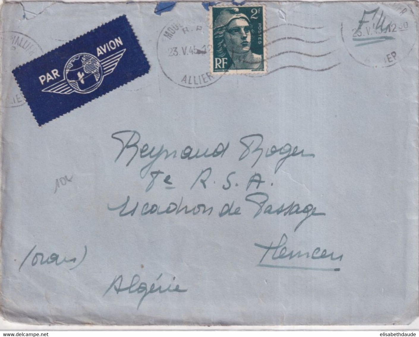 1945 - GANDON - ENVELOPPE FM ! Par AVION De MOULINS => TLEMCEN (ALGERIE) - 1945-54 Marianne De Gandon