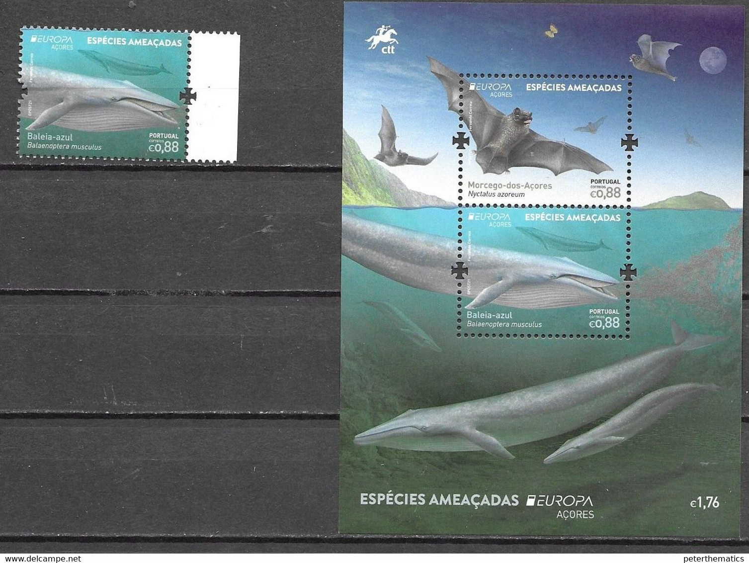 PORTUGAL, AZORES, 2021, MNH, EUROPA, ENDANGERED SPECIES, WHALES, BATS, 1v+S/SHEET - Sonstige & Ohne Zuordnung