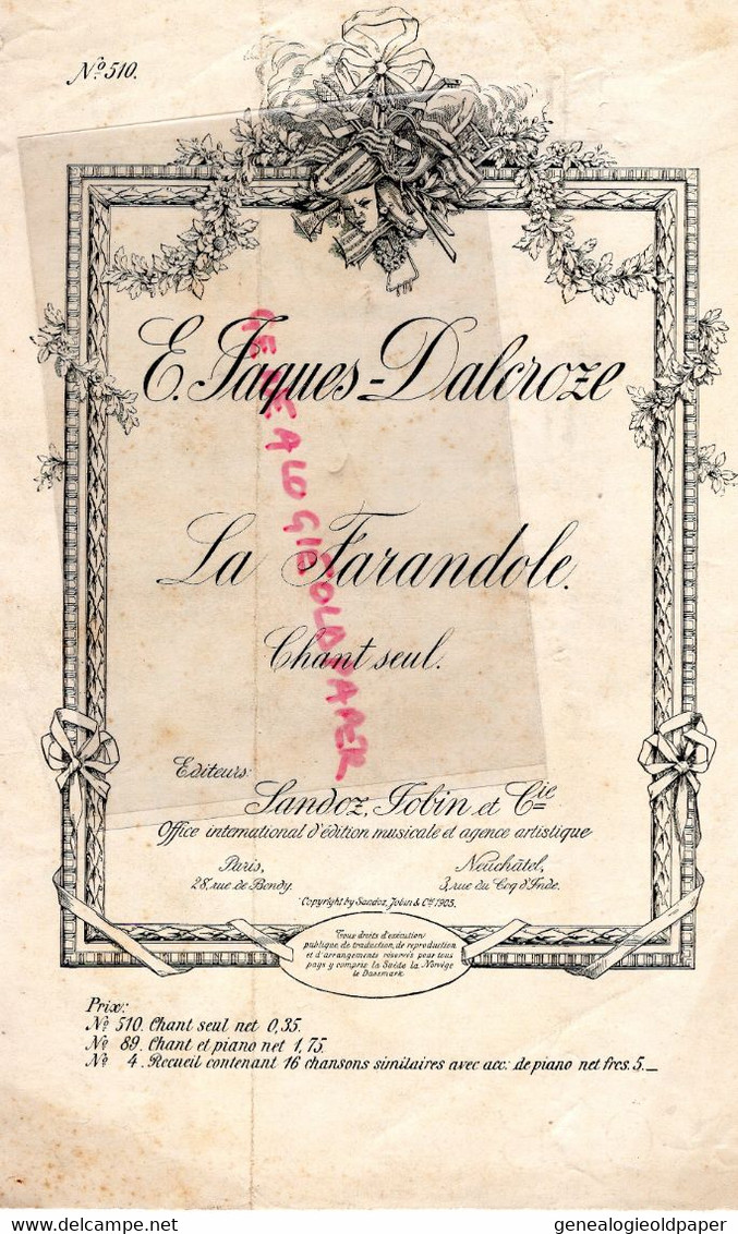PARTITION MUSIQUE- LA FARANDOLE- E. JACQUES DALCROZE-SANDOZ JOBIN PARIS -NEUCHATEL -LEIPZIG-1905 - Scores & Partitions