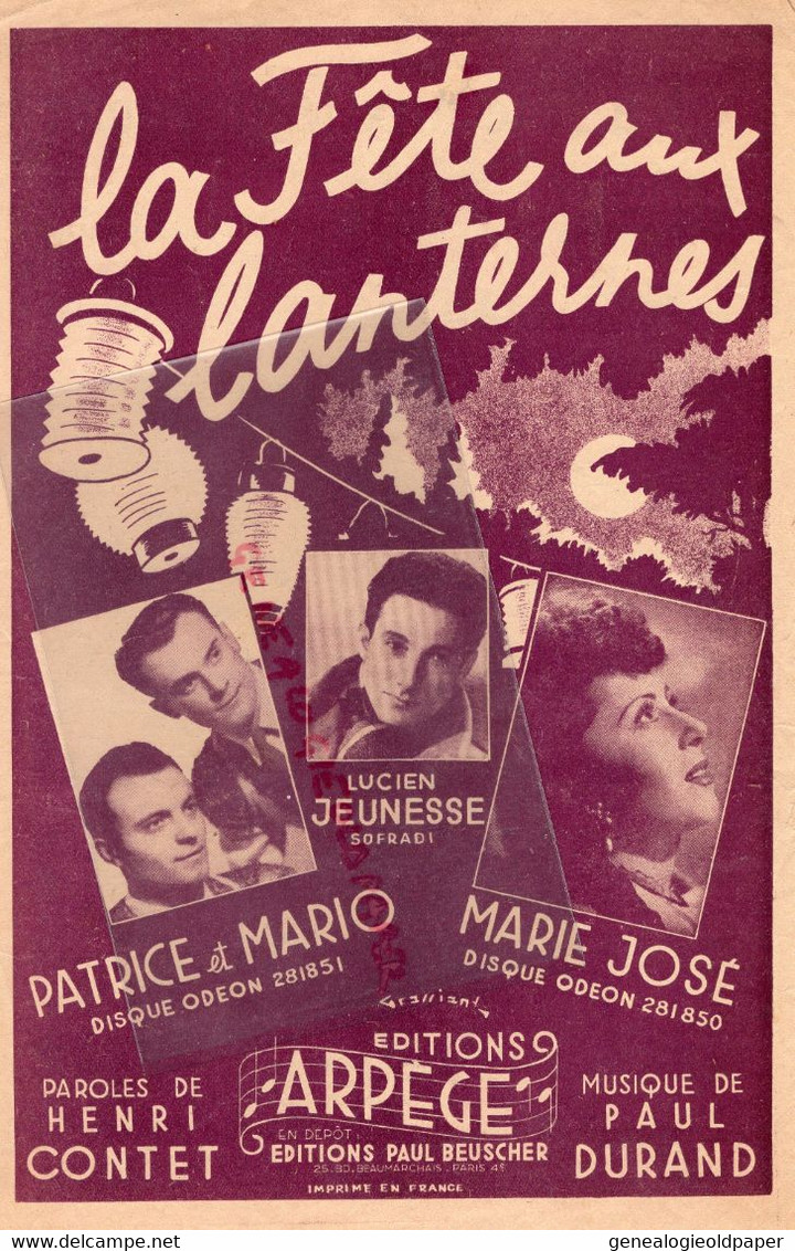 PARTITION MUSIQUE- LA FETE AUX LANTERNES-LUCIEN JEUNESSE-MARIE JOSE-PATRICE ET MARIO-ARPEGE BEUSCHER PARIS-CONTET - Partituren