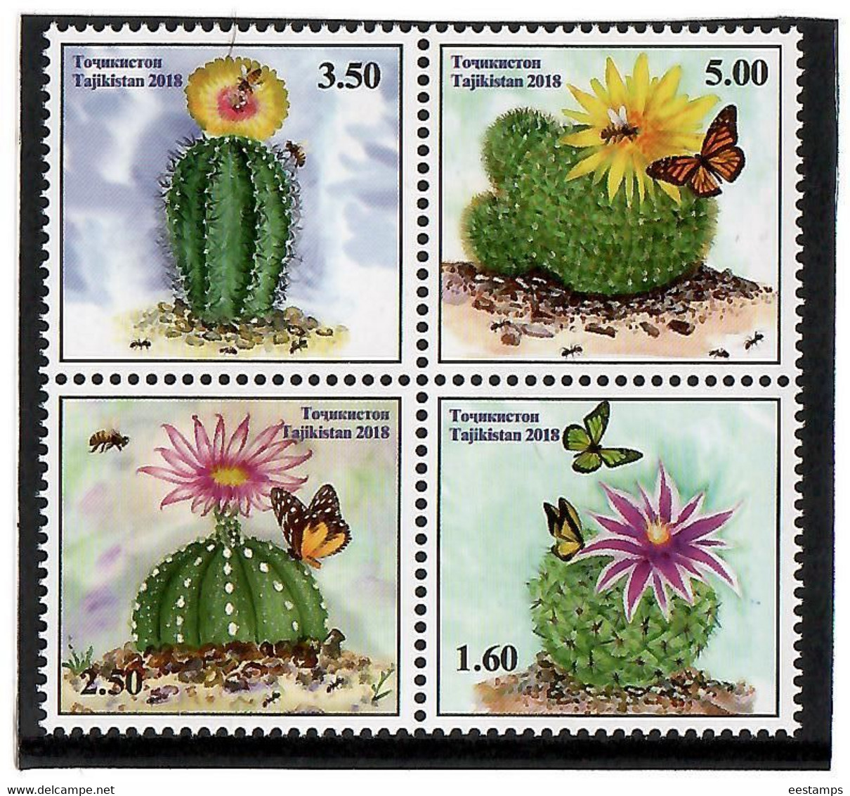 Tajikistan 2018 . Flora. Cacti, Butterflies , Bees. Block Of 4v: 1.6, 2.5, 3.5, 5 - Tajikistan