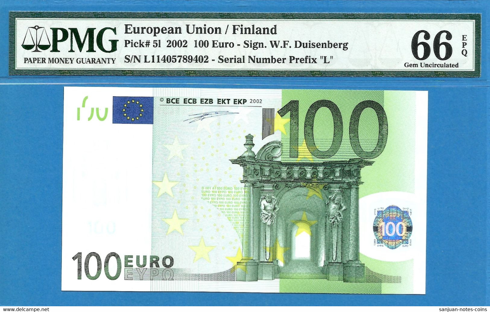 100 EURO FINLAND DUISENBERG L-D001A1 PMG 66 (D165) - 100 Euro