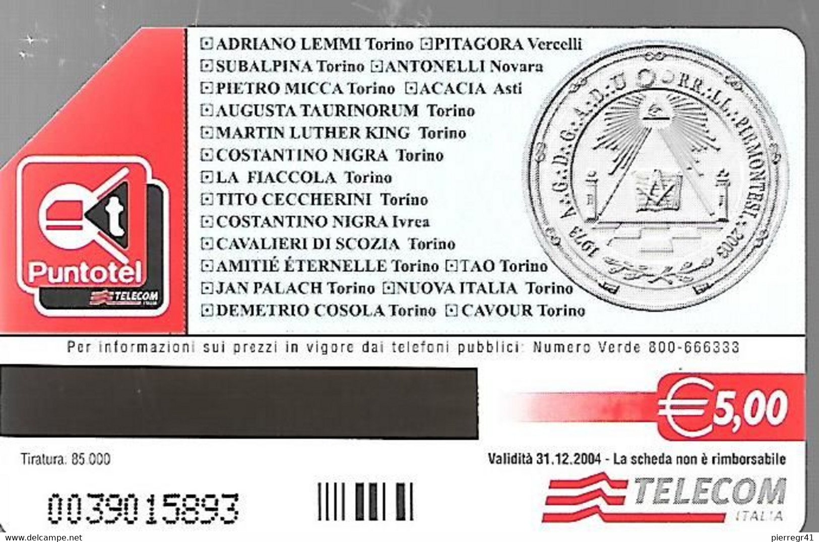 CARTE-ITALIE-MAGNETIQUE-5€-TRENT ANNI-Tirage 85000-Ex-Exp 31/12/2004-UTILISE TBE-RARE - Pubbliche Tematiche