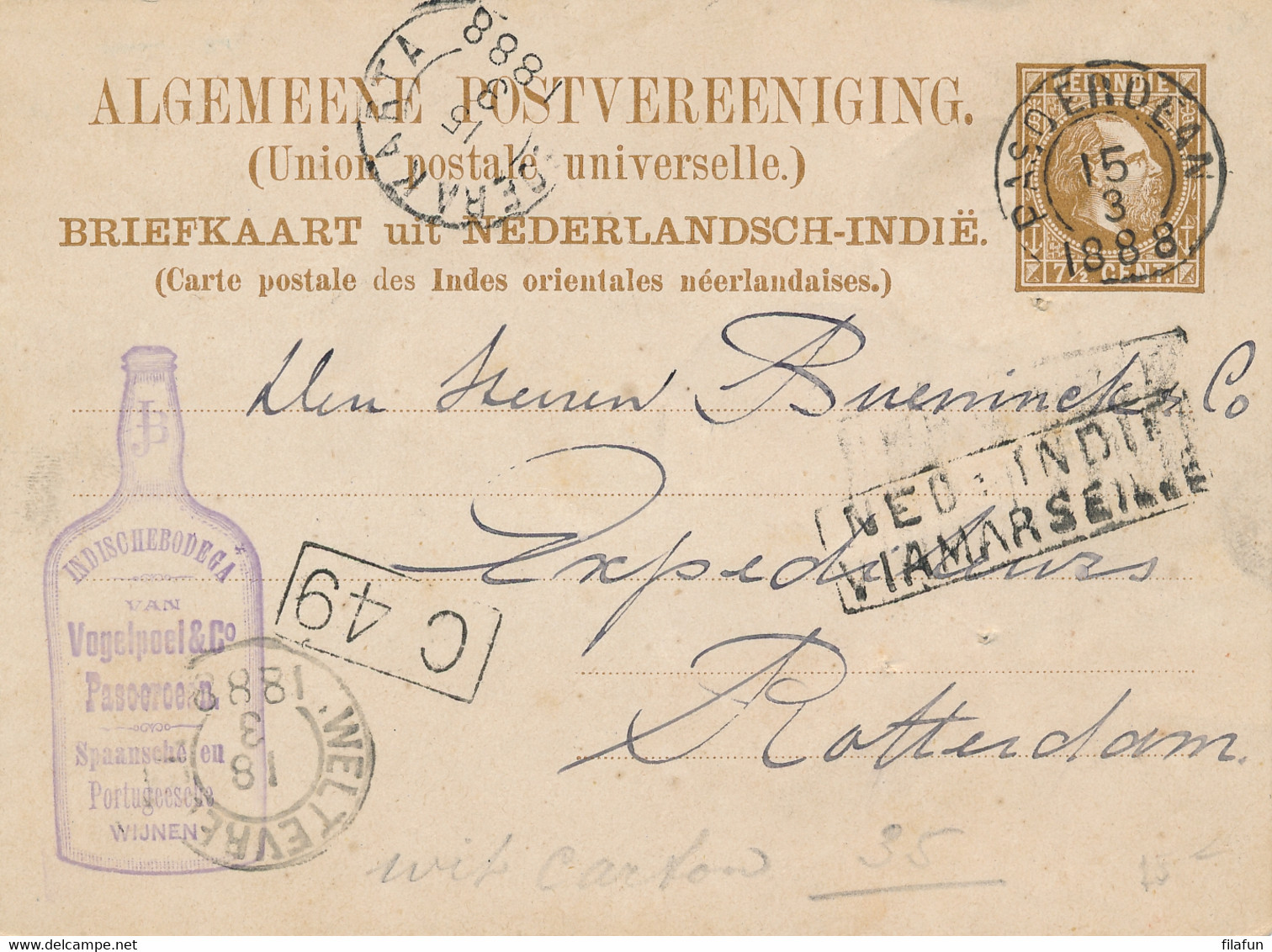 Nederlands Indië - 1888 - 7,5c Willem III, Briefkaart G7 Van KR Pasoeroean - Via Marseille - Naar Rotterdam - Wijnhandel - Netherlands Indies