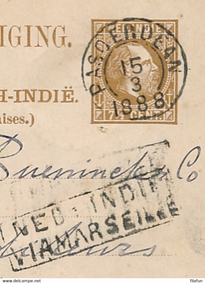 Nederlands Indië - 1888 - 7,5c Willem III, Briefkaart G7 Van KR Pasoeroean - Via Marseille - Naar Rotterdam - Wijnhandel - Netherlands Indies