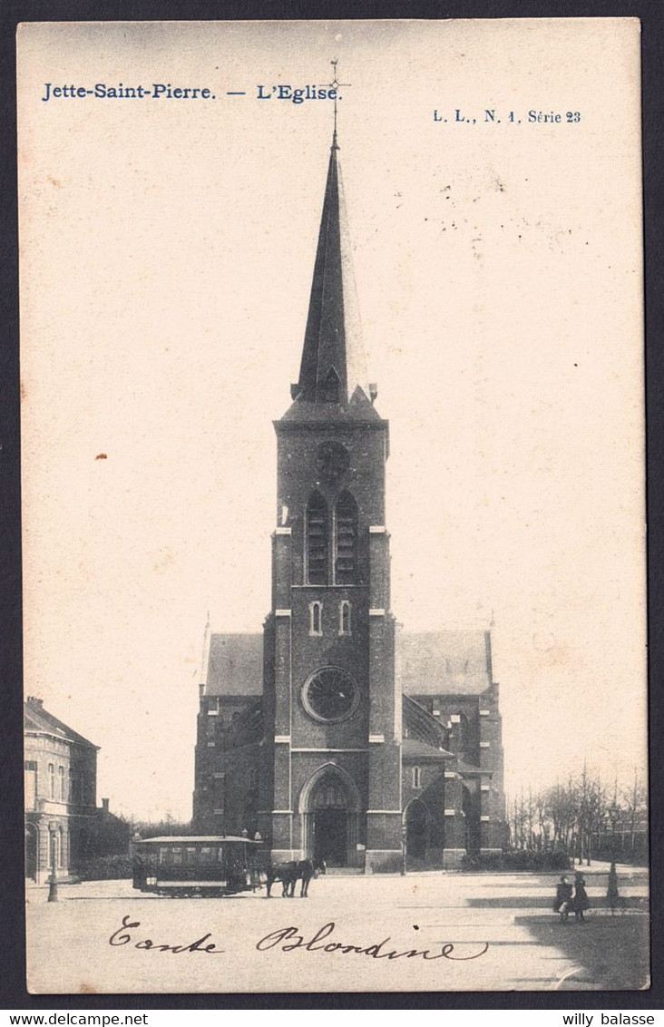 +++ CPA - JETTE ST PIERRE - L'Eglise - Tram Cheval - Hippomobile   // - Jette