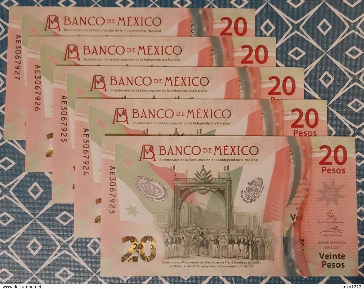 Mexico 5 X $20 2021 UNC Pnew Consecutive Numbers - México