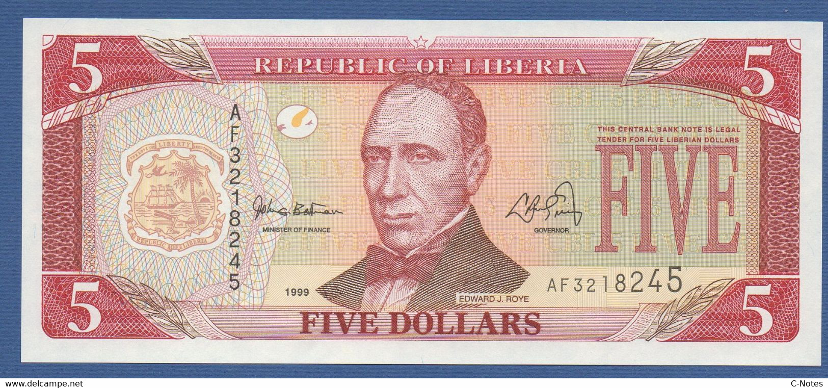 LIBERIA - P.21a – 5 Dollars 1999 UNC, Serie AF3218245 - Liberia