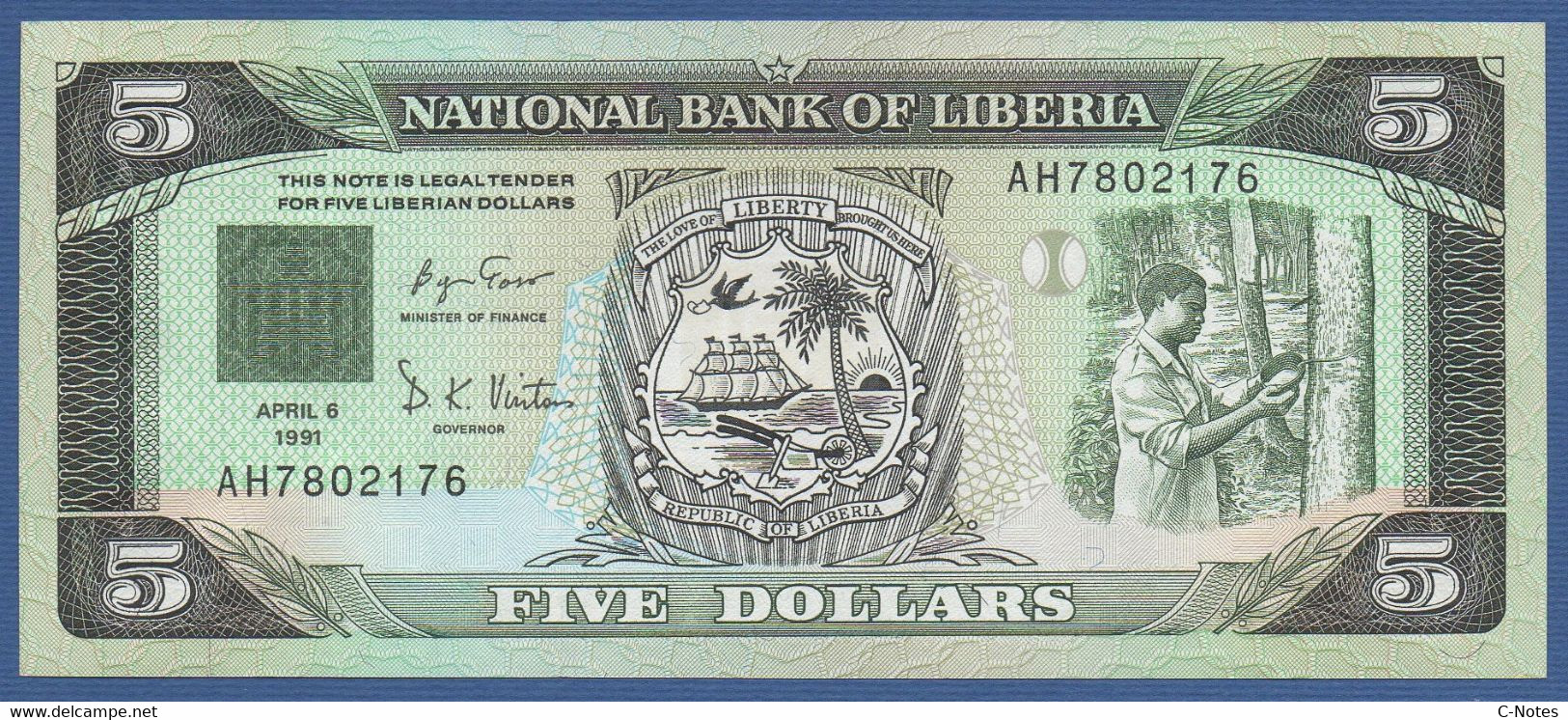 LIBERIA - P.20 – 5 Dollars 06.04.1991 UNC, Serie AH7802176 - Liberia