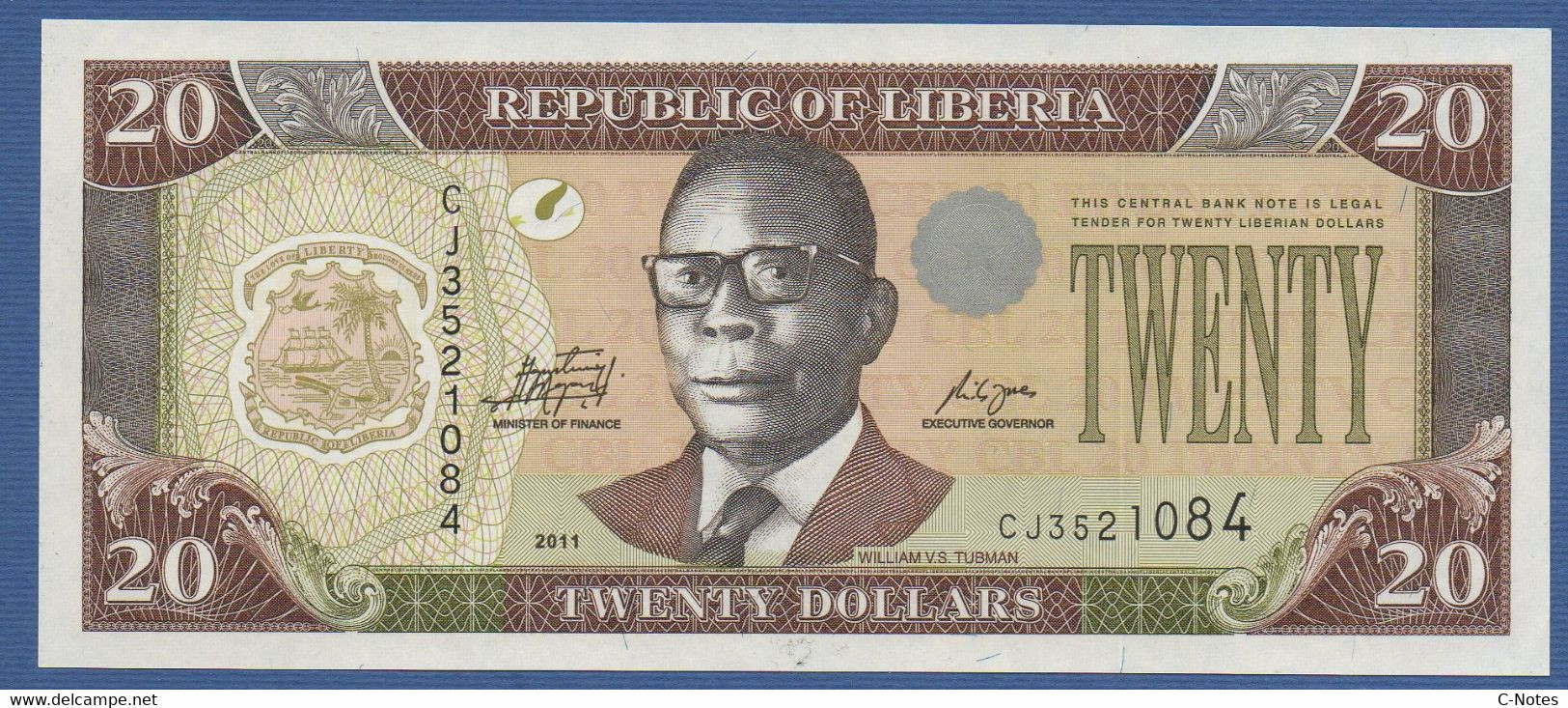 LIBERIA - P.28g – 20 Dollars 2011 UNC, Serie CJ3521084 - Liberia