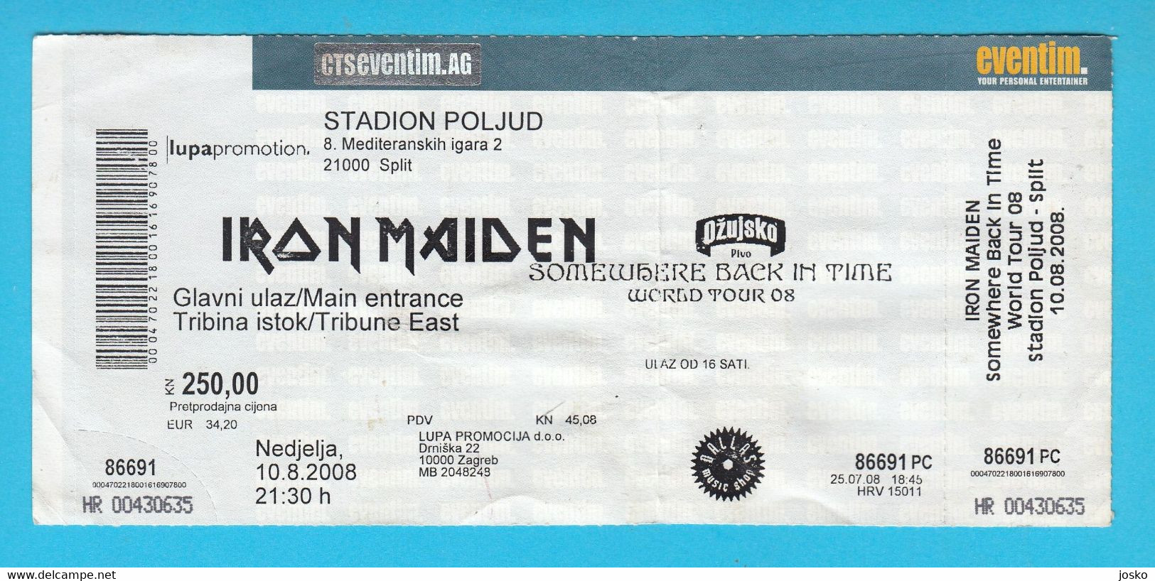 IRON MAIDEN - Somewhere Back In Time ... World Tour 2008 * Split Concert Ticket 10.08.2008.* Billet Biglietto Boleto - Concert Tickets