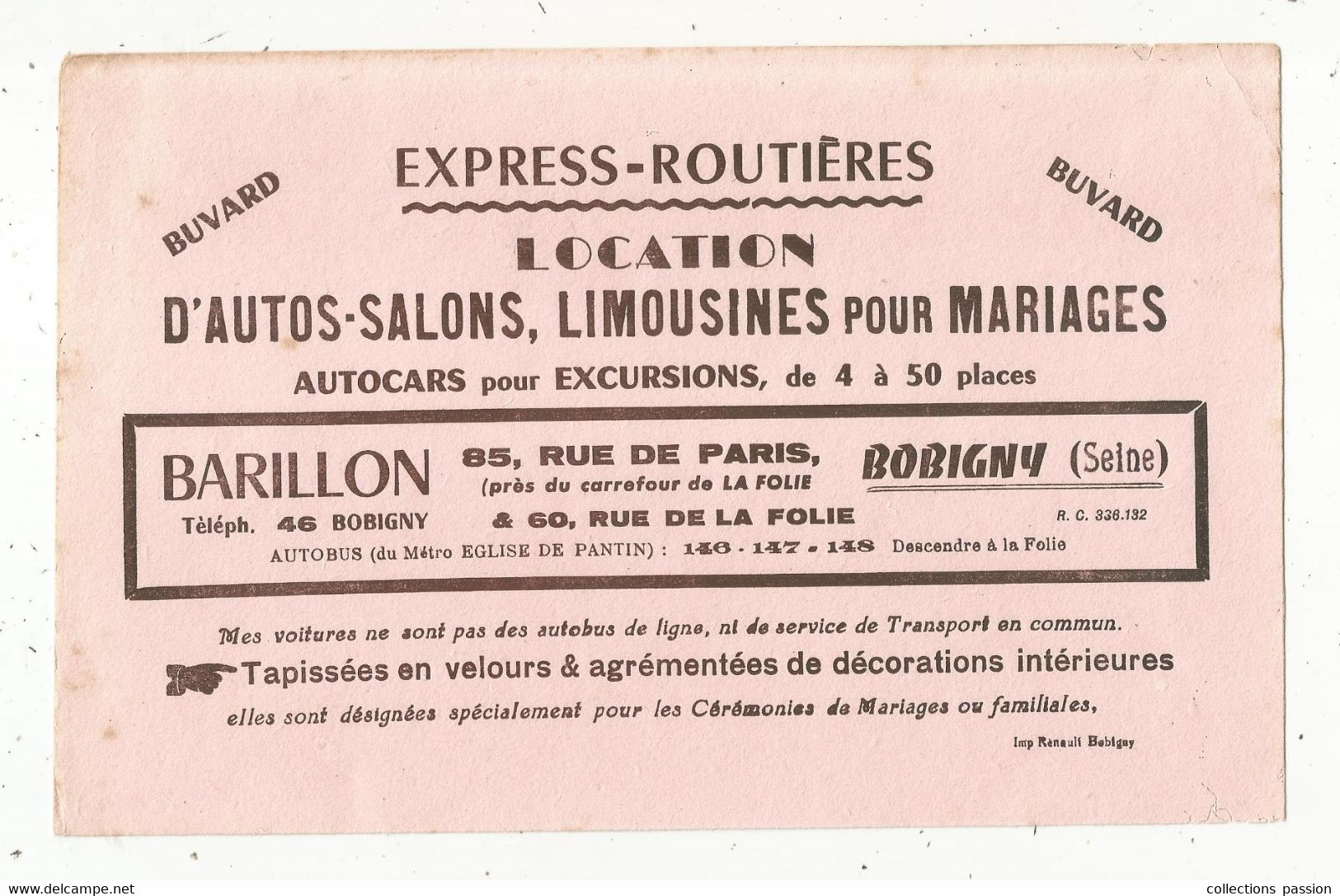 Buvard, BARILLON, Bobigny , Seine, Location D'autos Salons ,limousines Pour Mariage,autocars,automobiles ,frais Fr 1.75e - Automóviles