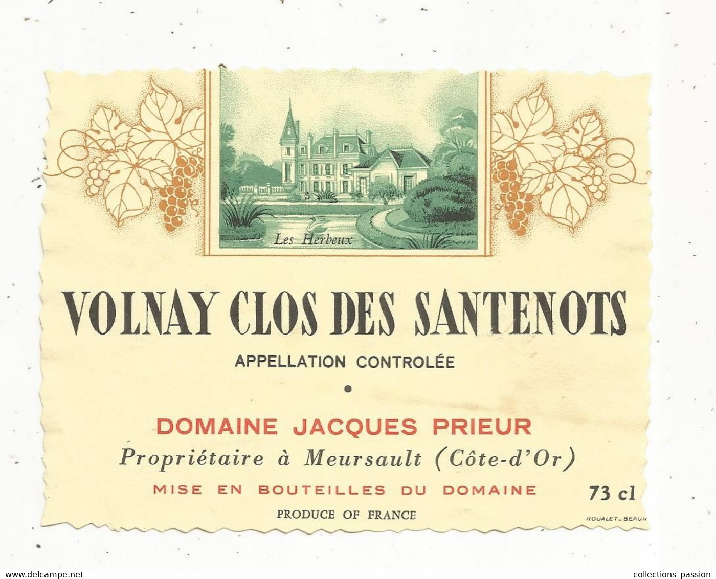 étiquette De Vin, BOURGOGNE,VOLNAY CLOS DES SANTENOTS ,domaine J. Prieur ,Meursault ,Côte D'Or - Bourgogne