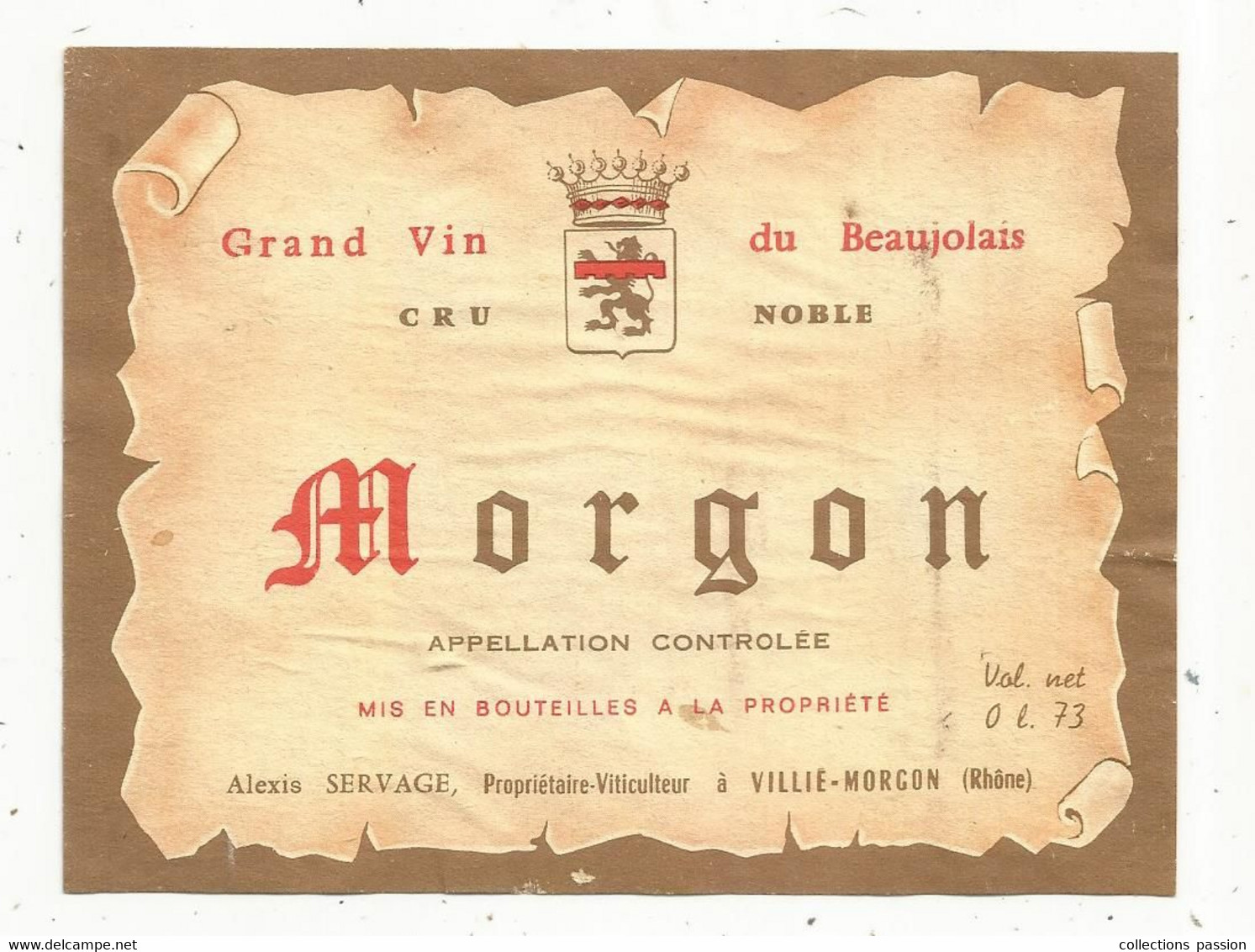 étiquette De Vin, BEAUJOLAIS, MORGON, A. Servage à VILLIE-MORGON , Rhône - Beaujolais