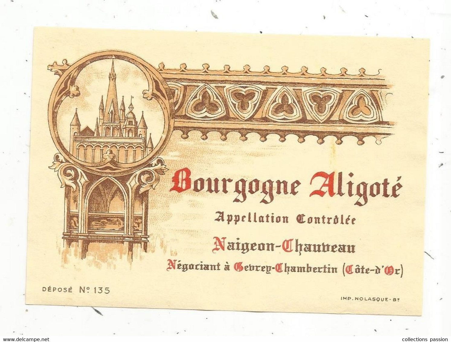 étiquette De Vin, BOURGOGNE ALIGOTE , Naigeon-Chauveau à Gevrey Chambertin, Côte D'Or - Bourgogne