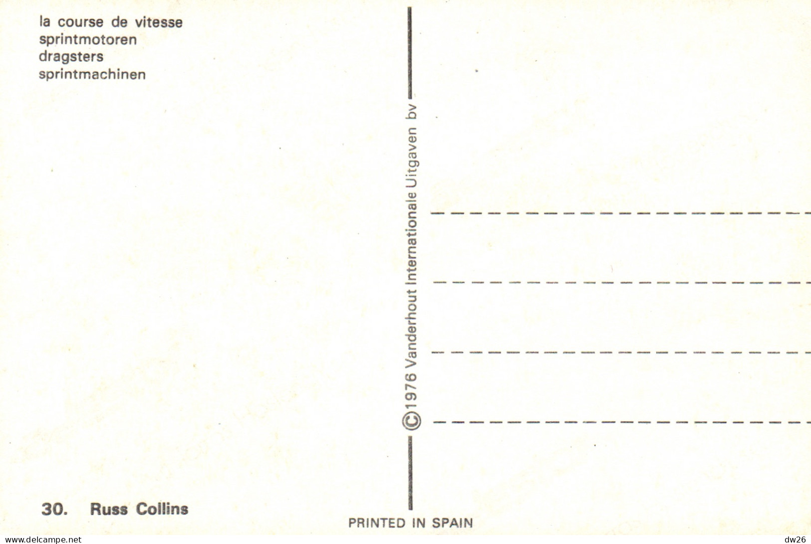 Motocyclisme, Sport Moto - Motos, La Course De Vitesse (Dragsters) Russ Collins Sur Honda - Carte N° 30 Non Circulée - Motociclismo