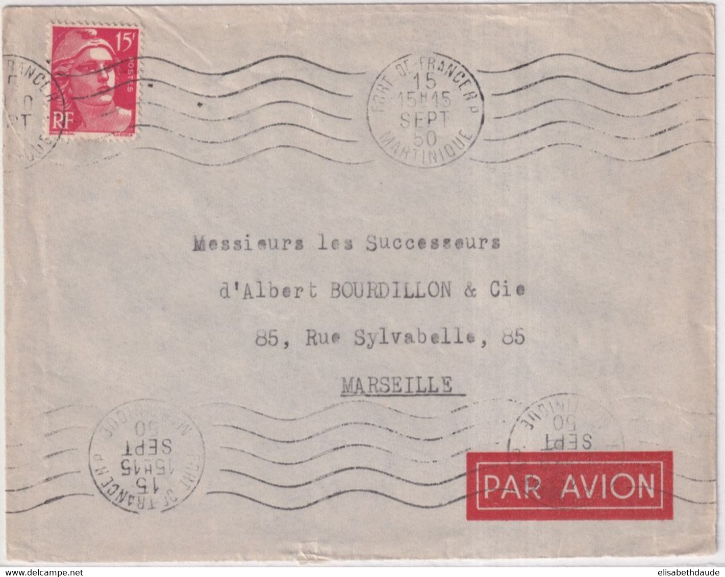 1950 - GANDON / MARTINIQUE - ENVELOPPE Par AVION De FORT DE FRANCE ! => MARSEILLE - 1945-54 Marianne De Gandon