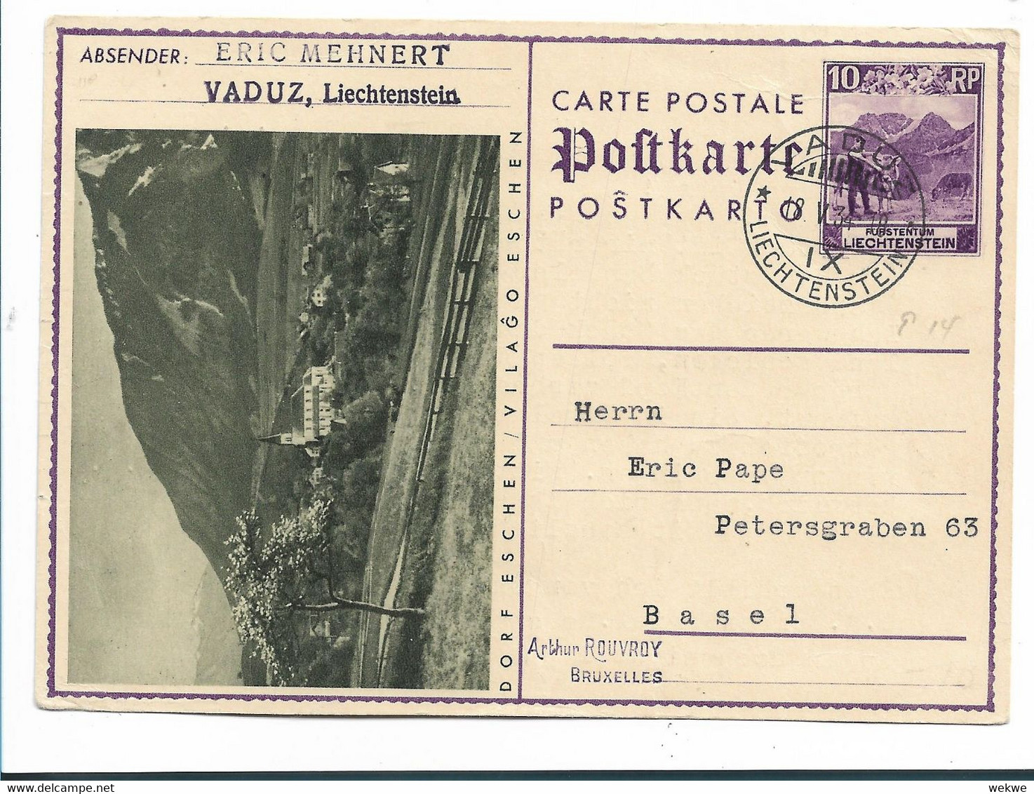 Lie098 / LIECHTENSTEIN -  Mi.Nr. P 14 (01)Dorf Eschen Nach Basel 1934 O - Interi Postali