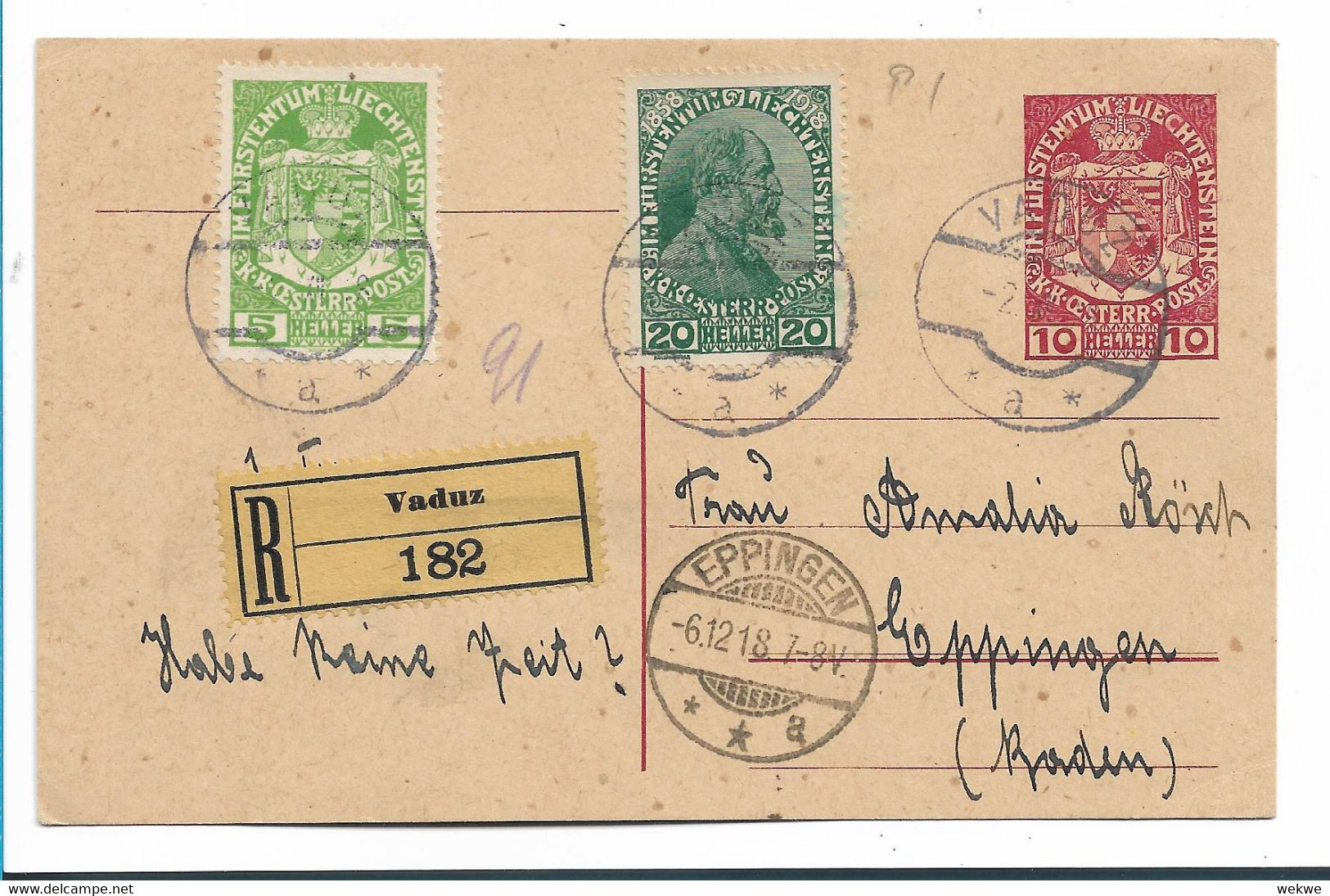 Lie100 / LIECHTENSTEIN -  Mi-Nr. P01 Mit 2 Marken Aufgewertet Als Einschreiben Nach Eppingen (Baden) 1918 - Stamped Stationery