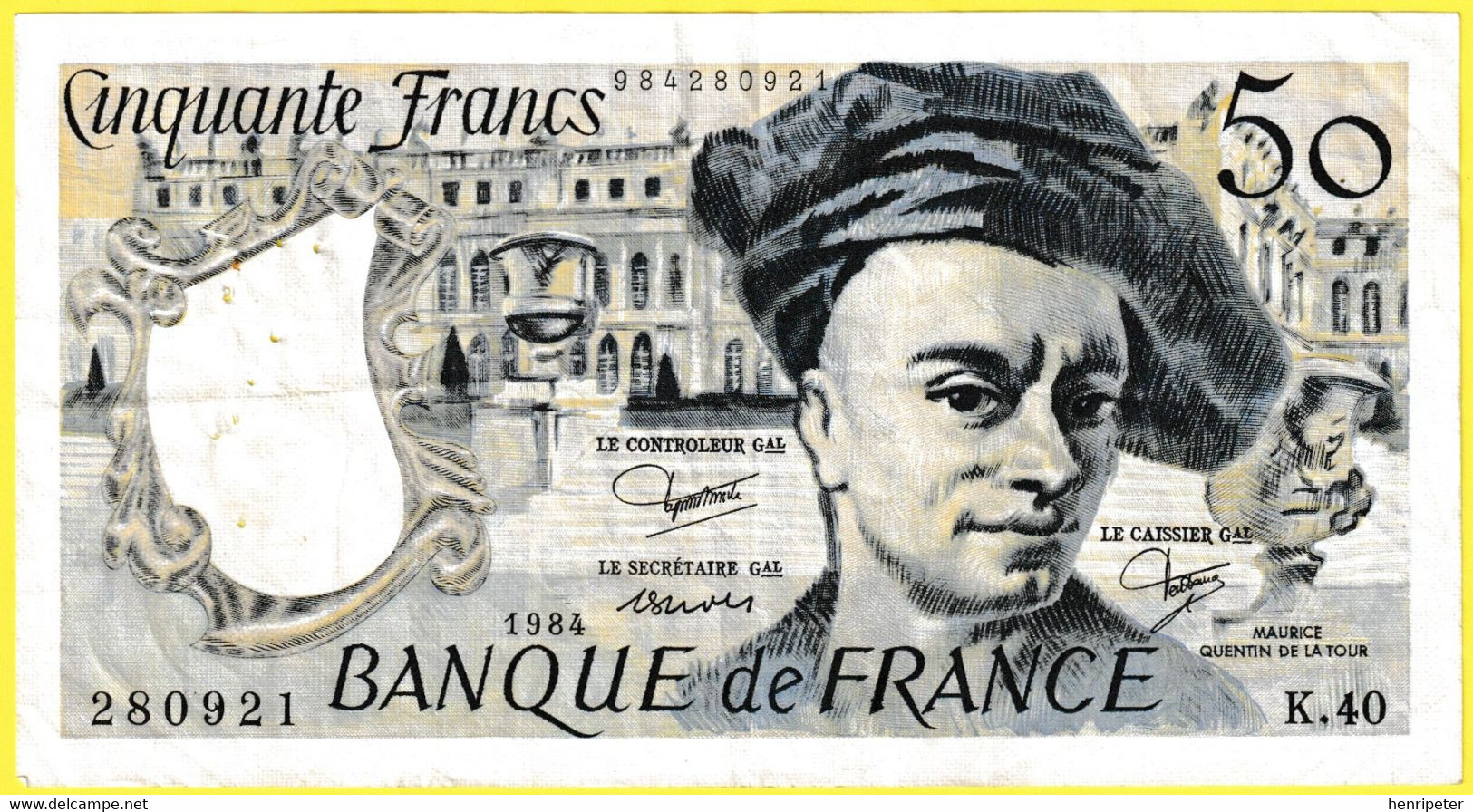 Billet De Banque Usagé Qualité Courante - 50 Francs MAURICE QUENTIN DE LA TOUR - K.40 N°280921 - France 1984 - 50 F 1976-1992 ''quentin De La Tour''