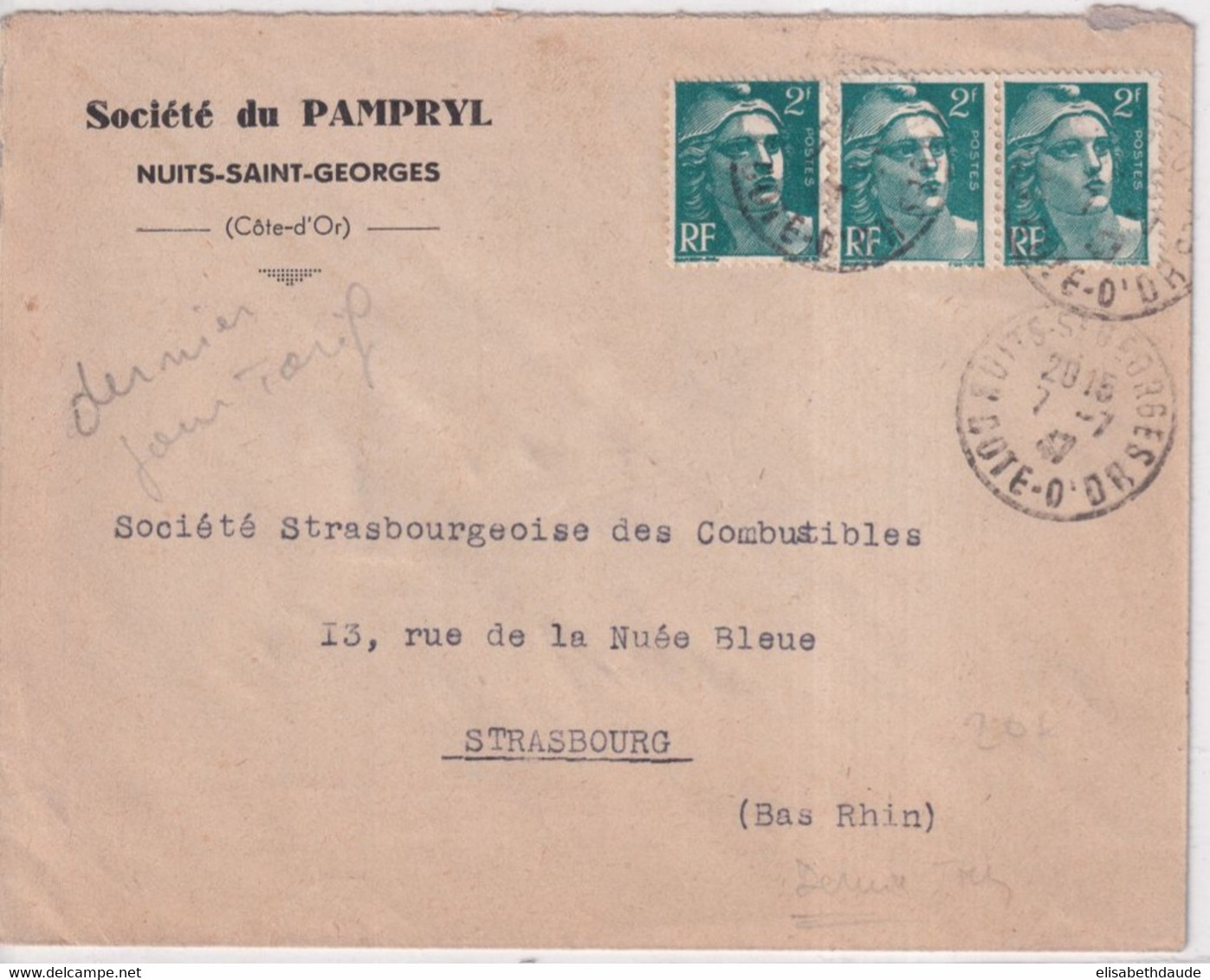 7 JUILLET 1947 - GANDON - DERNIER JOUR DU TARIF ! - ENVELOPPE 2° ECH De NUITS SAINT GEORGES => STRASBOURG - Posttarieven