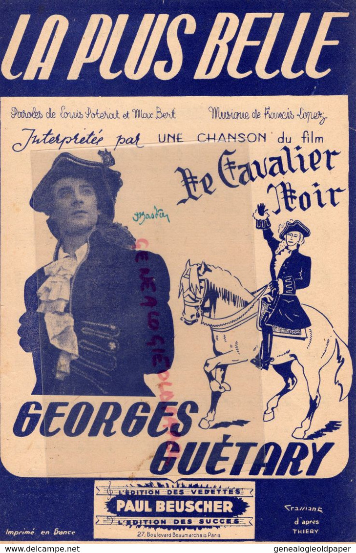 PARTITION MUSIQUE-LA PLUS BELLE- LE CHEVALIER NOIR-GEORGES GUETARY-FRANCIS LOPEZ-MAX BERT-BEUSCHER PARIS - Noten & Partituren