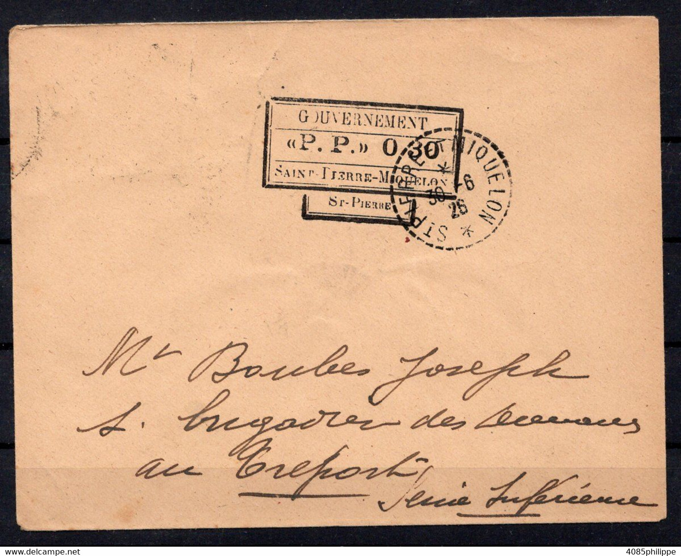 St PIERE & MIQUELON Tampon Noir "P.P"30 Sur Lettre De 1926 Ayant Voyagée Cote 90,00€ - Lettres & Documents