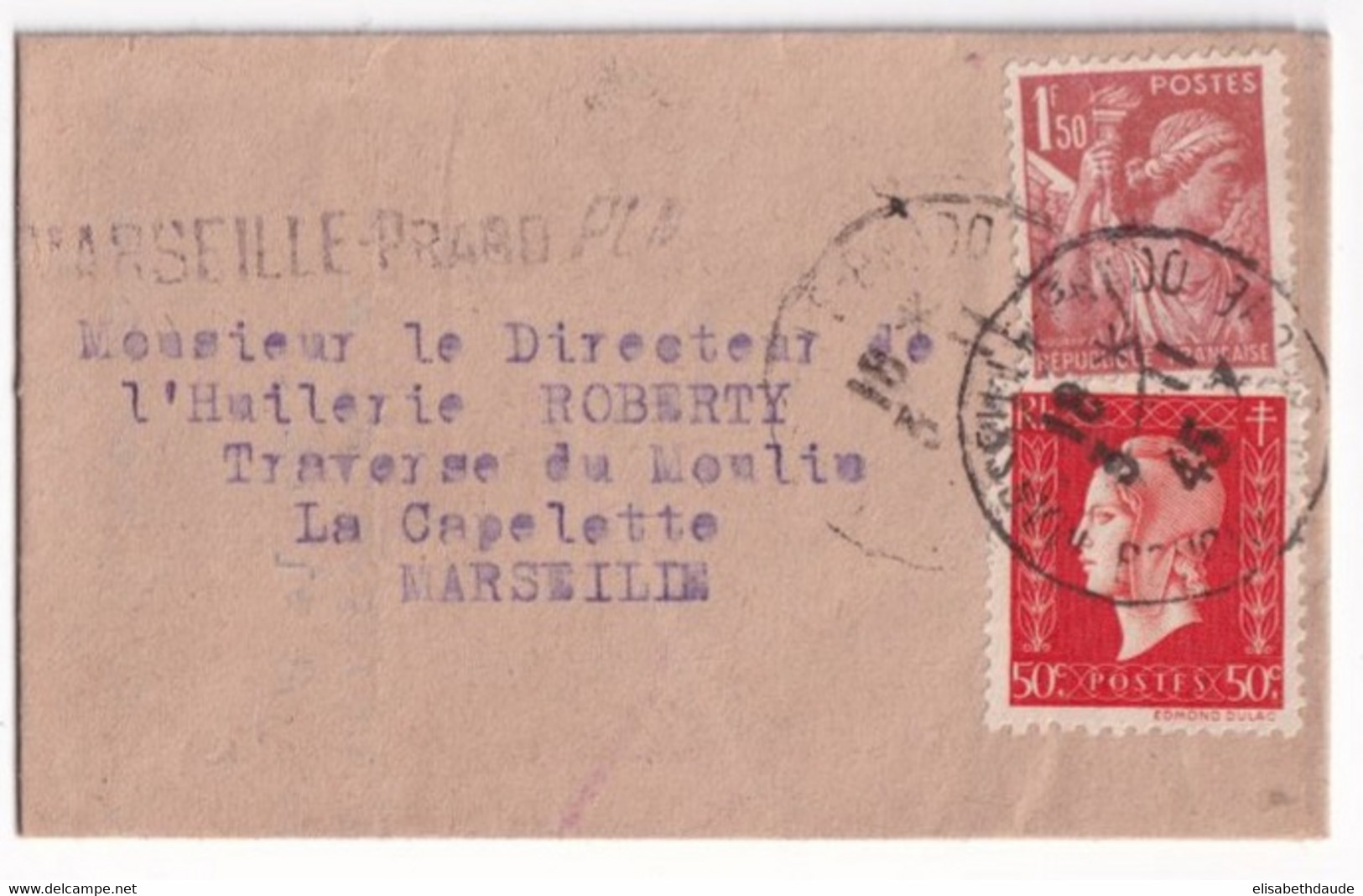 1945 - IRIS + DULAC - PETITE LETTRE IMPRIME De MARSEILLE PRADO - 1944-45 Marianne Van Dulac