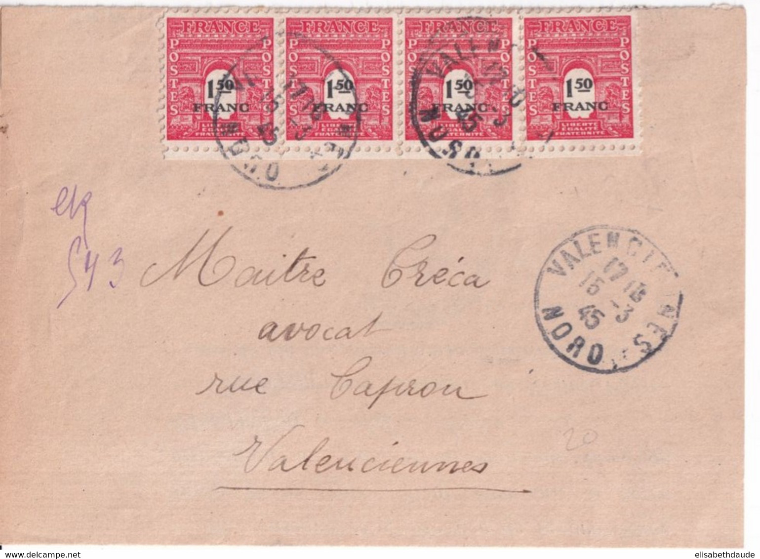 1945 - ARC DE TRIOMPHE - LETTRE IMPRIMEE De VALENCIENNES - 1944-45 Triumphbogen