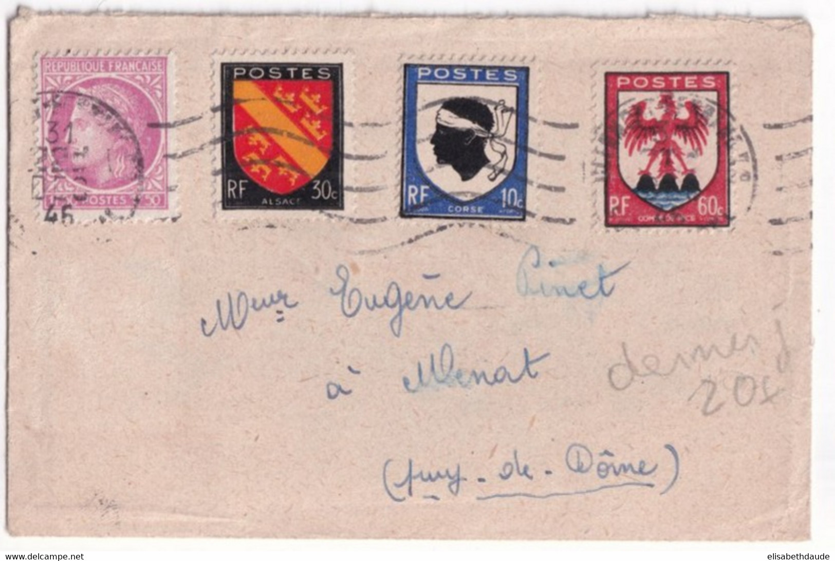 31 DECEMBRE 1945 - DERNIER JOUR DU TARIF ! - ARMOIRIES + MAZELIN - ENVELOPPE De CLERMONT-FERRAND (PUY DE DOME) - Postal Rates