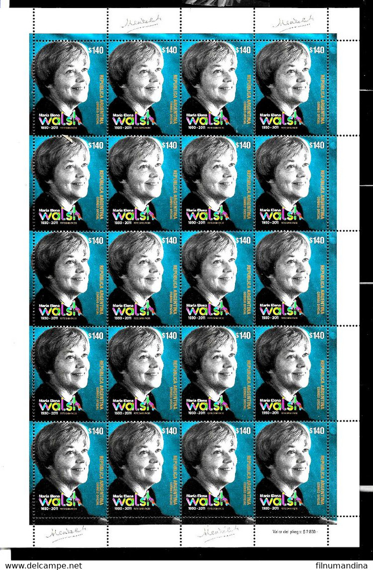 #10076 ARGENTINE,ARGENTINA 2021 MARIA E WALSH MUSIC LITERATURE WRITER POETIST SINGER CHILD SONGS FULL SHEET MNH - Unused Stamps
