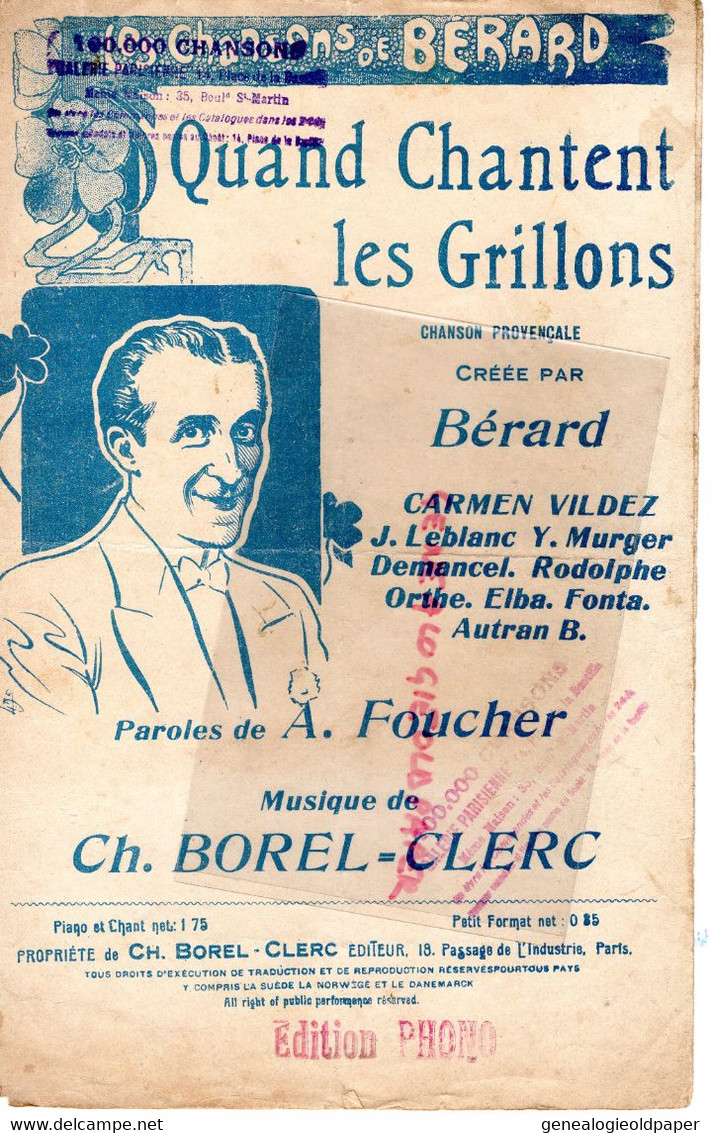 PARTITION MUSIQUE-QUAND CHANTENT LES GRILLONS-GRILLON-BERARD-CARMEN VILDEZ-FOUCHER-BOREL-CLERC-PARIS - Partitions Musicales Anciennes