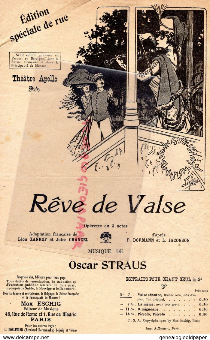 PARTITION MUSIQUE-REVE DE VALSE- THEATRE APOLLO-LEON XANROF-JULES CHANCEL-OSCAR STRAUS-MAX ESCHIG PARIS 1907 - Noten & Partituren