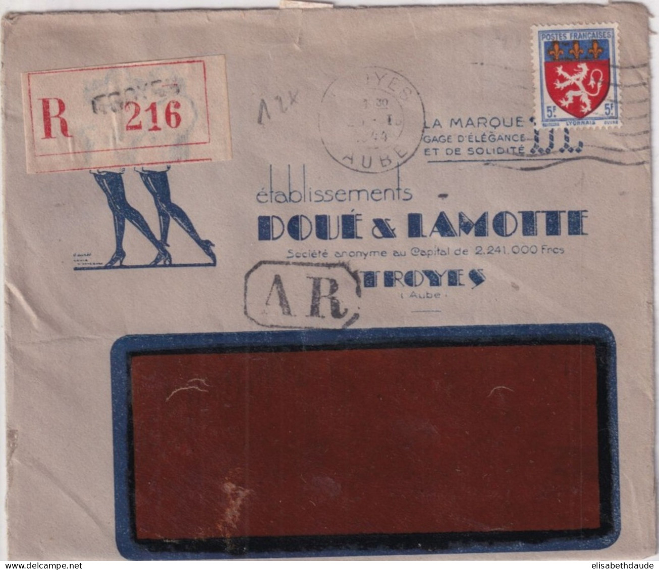 1944 - ARMOIRIES SEUL Sur LETTRE COMMERCIALE RECOMMANDEE AR De TROYES (AUBE) - 1941-66 Escudos Y Blasones