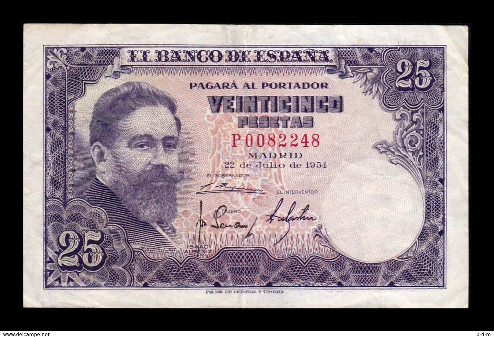 España 25 Pesetas Isaac Albeniz 1954 Pick 147 Serie P Ultima Serie MBC- AVF - 25 Pesetas