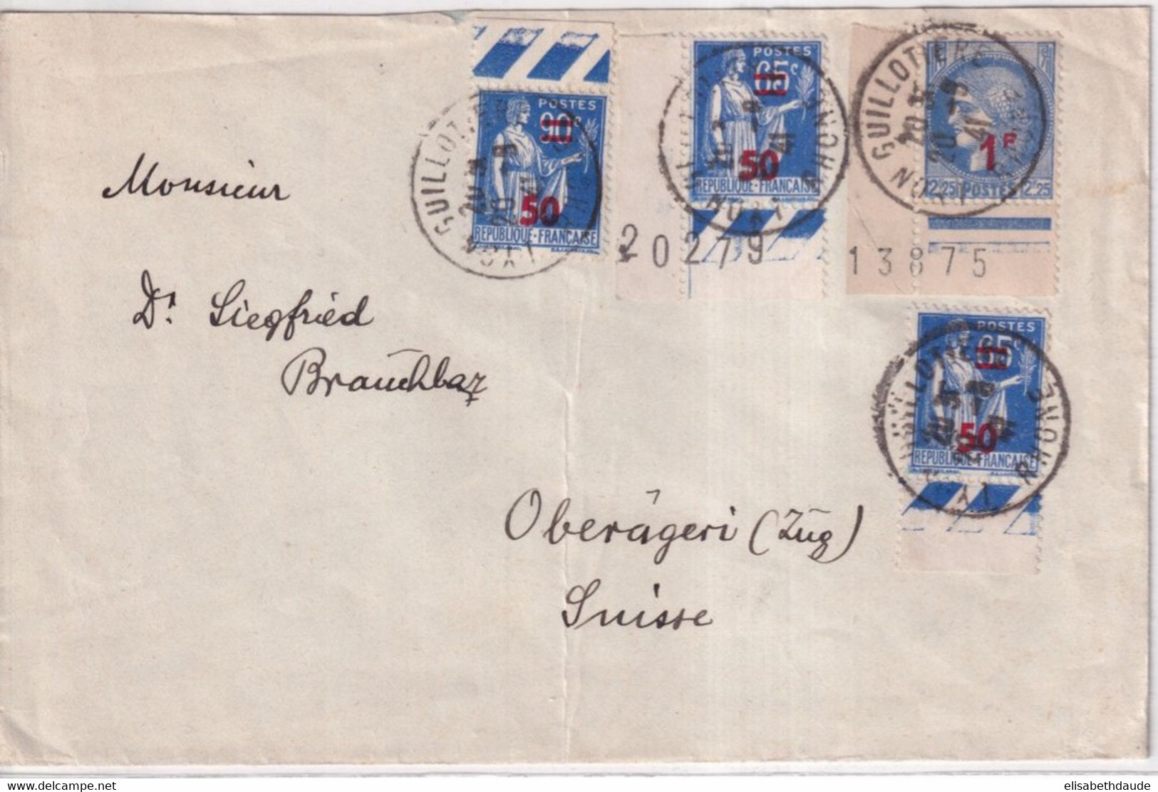 1941 - CERES + PAIX SURCHARGES COIN DE FEUILLE ! - ENVELOPPE De LYON => ZUG (SUISSE) - Lettres & Documents