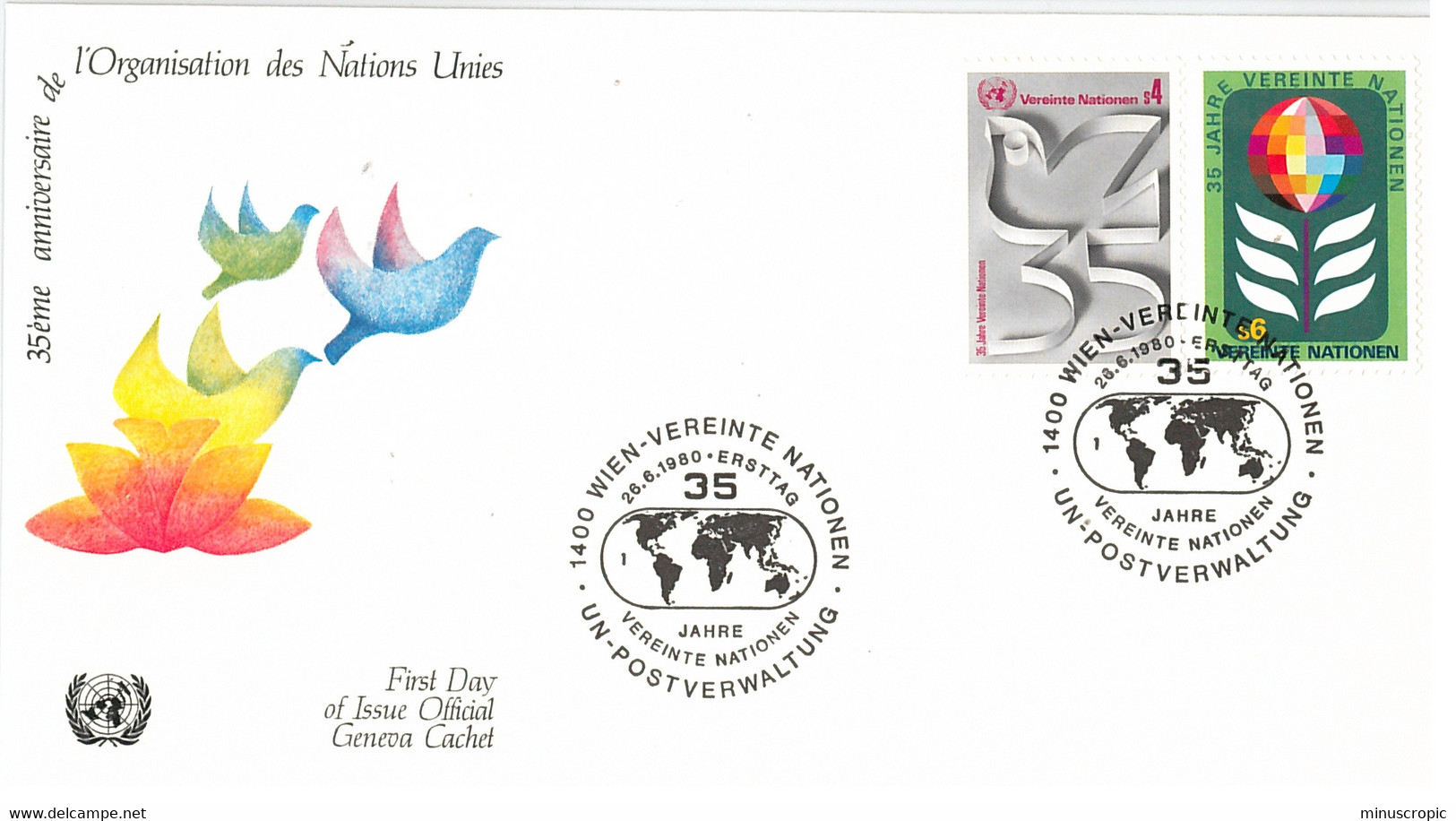 Enveloppe FDC Nations Unies - 35ème Anniversaire De L'Organisation Des Nations Unies - Wien - 1980 - Covers & Documents