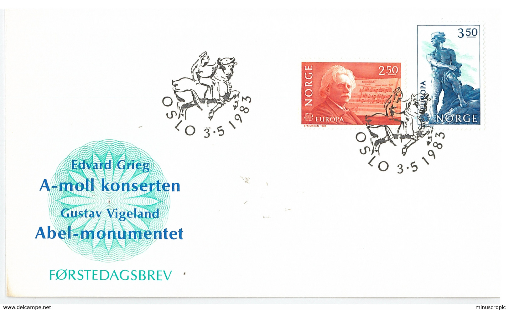 Enveloppe FDC Norvege - Edvard Grieg - Gustav Vigeland - Oslo - 1983 - FDC