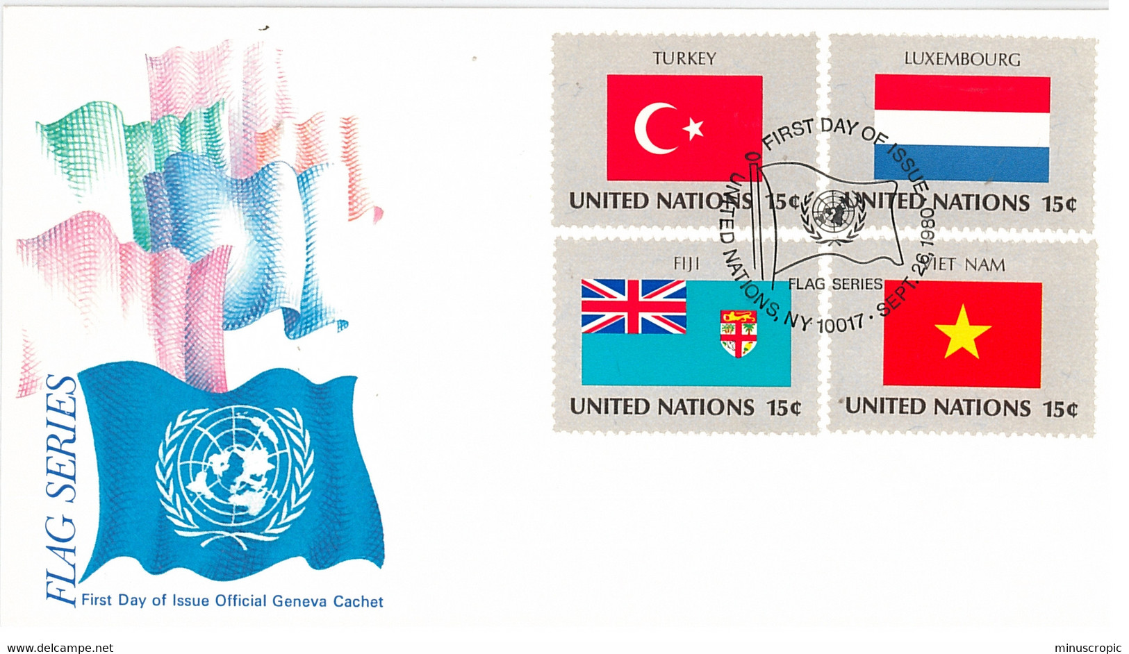 Enveloppe FDC United Nations - Flag Series - 1980 - Turkey - Luxembourg - Fiji - Viet Nam - Brieven En Documenten
