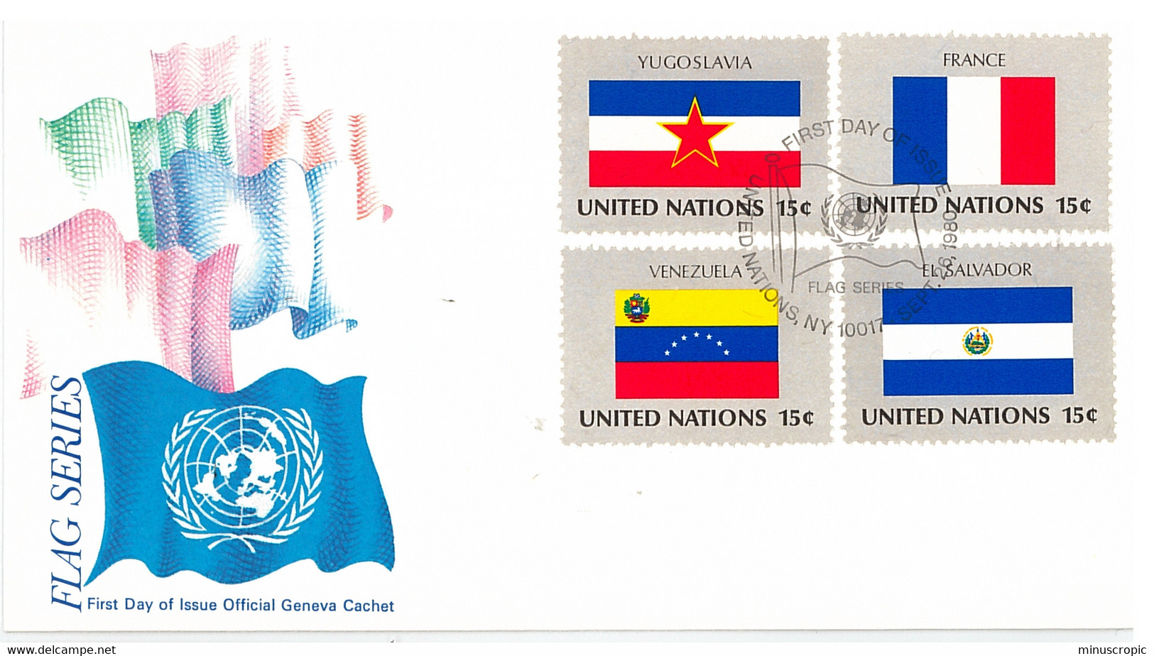 Enveloppe FDC United Nations - Flag Series - 1980 - Yugoslavia - France - Venezuela - El Salvador - Briefe U. Dokumente