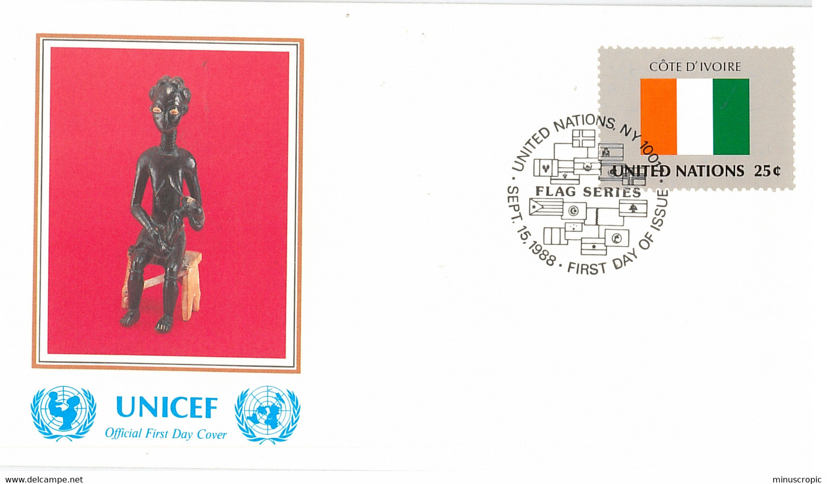 Enveloppe FDC United Nations - UNICEF - Flag Series 2/88 - Cote D'Ivoire - 1988 - Briefe U. Dokumente