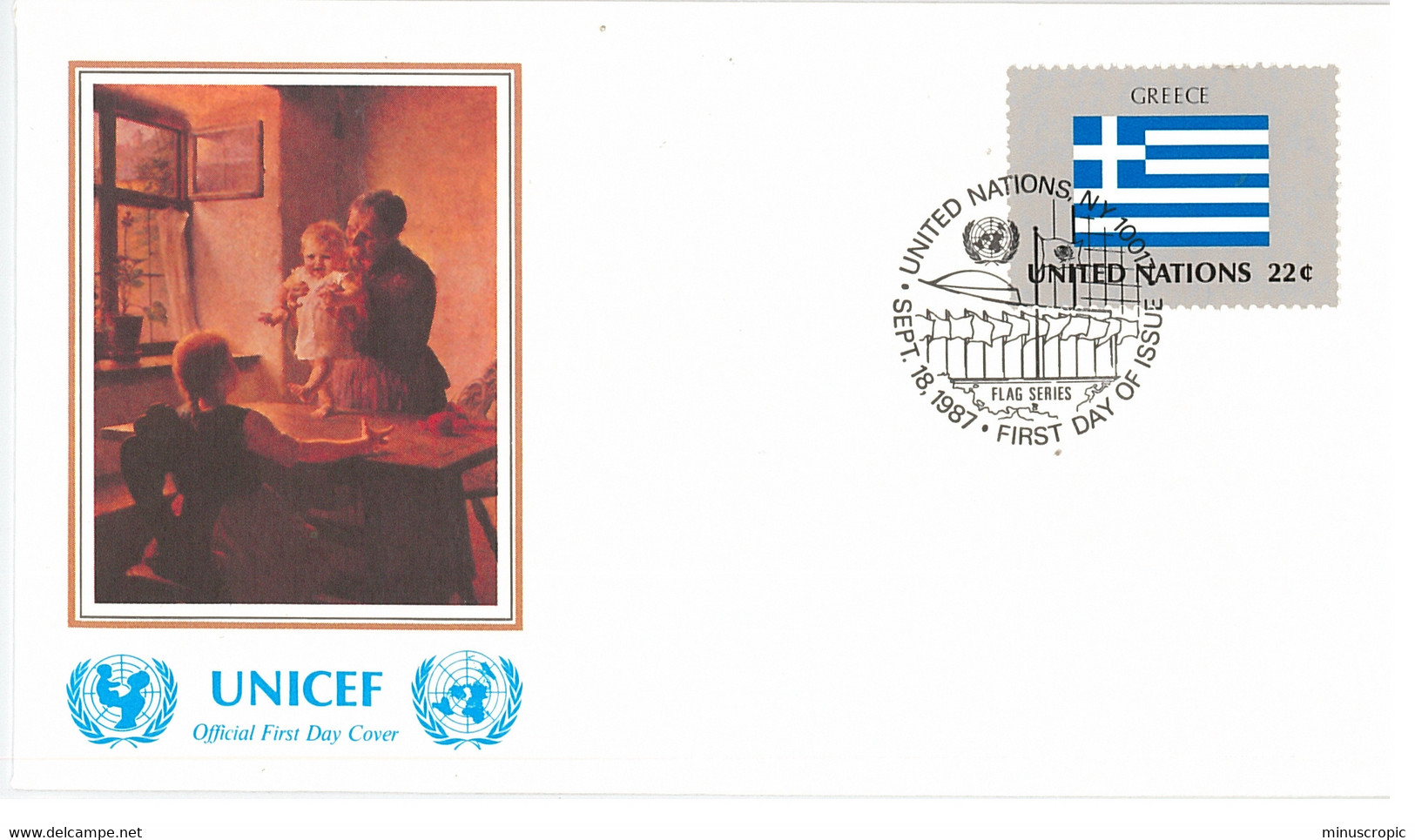 Enveloppe FDC United Nations - UNICEF - Flag Series 8/87 - Greece - 1987 - Cartas & Documentos