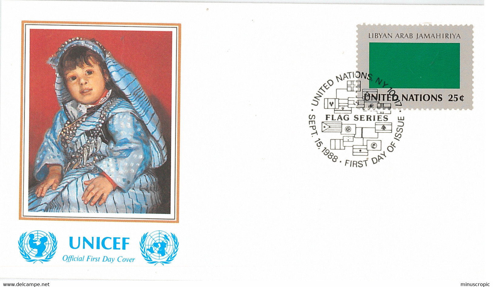 Enveloppe FDC United Nations - UNICEF - Flag Series 8/88 - Libyan Arab Jamahiriya - 1988 - Brieven En Documenten