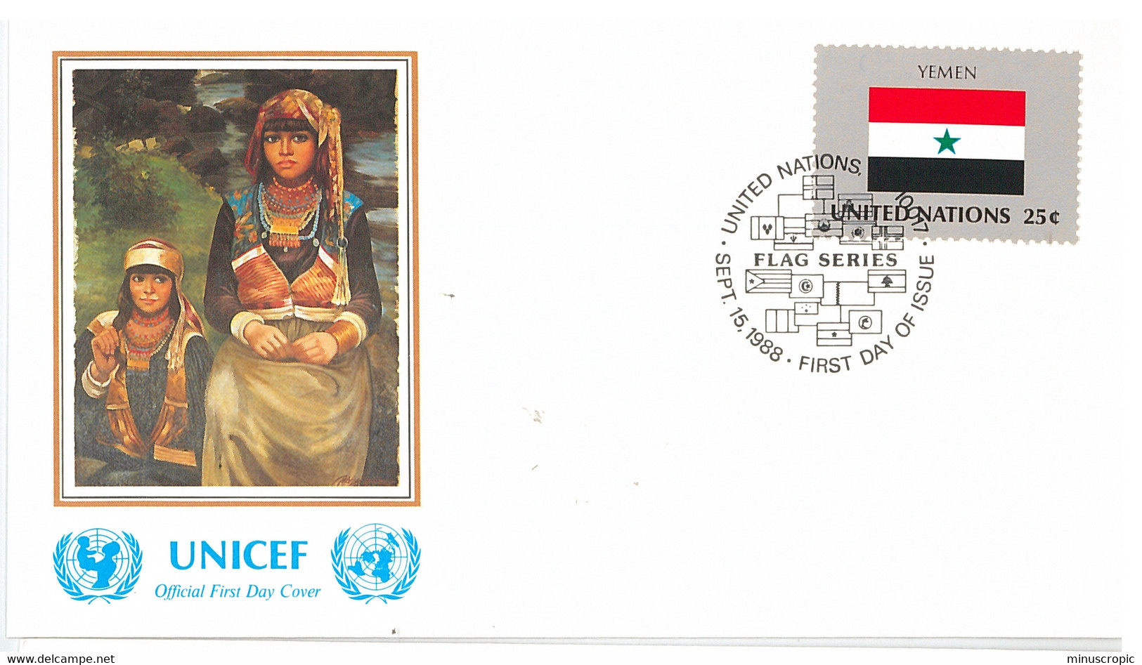 Enveloppe FDC United Nations - UNICEF - Flag Series 15/88 - Yemen - 1988 - Brieven En Documenten