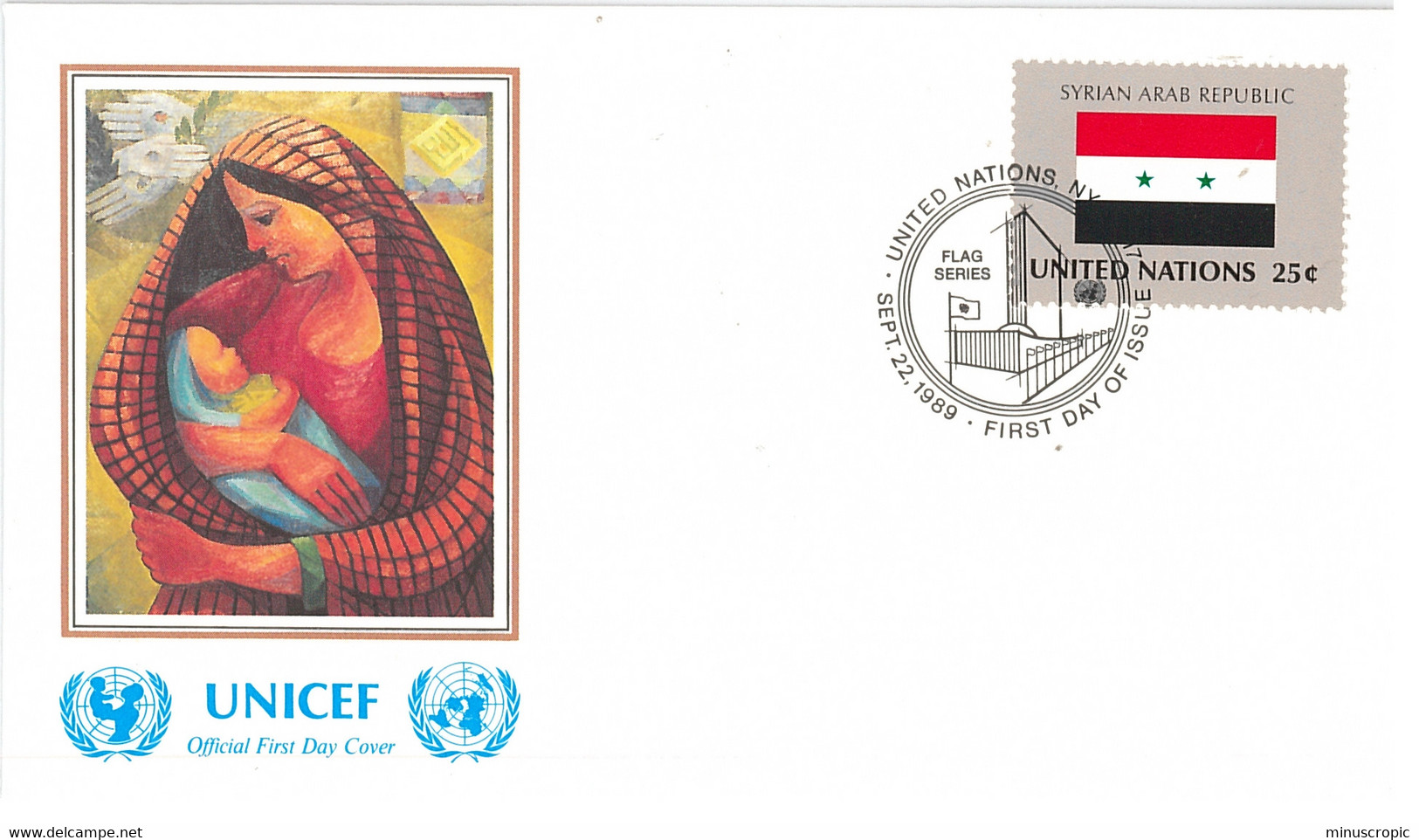 Enveloppe FDC United Nations - UNICEF - Flag Series 15/89 - Syrian Arab Republic- 1989 - Brieven En Documenten